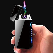 Ветрозащитная двойная дуговая Зажигалка беспламенная электронная перезаряжаемая электрическая зажигалка для свечи сигареты с светодиодный дисплеем питания 2024 - купить недорого