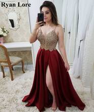Burgundy Split Formal Prom Dresses 2020 Red A-Line Long Evening Gowns Elegant Spaghetti Straps Appliques Vestidos robe de soiree 2024 - buy cheap