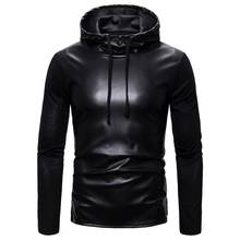 Idopy Autumn Winter Men Black PU Leather Hip Hop Long Sleeve T Shirt with Hooded Side Split Punk Tees Tops Hoodie For Male 2024 - buy cheap