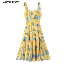 Женское винтажное платье миди на бретелях-спагетти, желтое платье с цветочным принтом и рюшами, привлекательное летнее платье на бретелях-завязках с бантом в стиле ретро 2024 - купить недорого