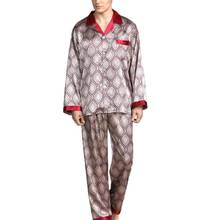 Conjunto de pijamas masculinos, pijamas de verão em seda de imitação com camisa estampada, calças compridas, roupas de dormir 2024 - compre barato