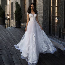 Elegant Wedding Dress 2021 A-Line Cap Sleeve Sheer Neck Appliques Button Sweep Train Tulle Bridal Gown Vestidos De Noiva 2024 - buy cheap