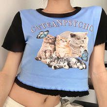 ArtSu-Camiseta de manga corta con estampado de gato para mujer, ropa urbana recortada, Tops cortos sexys y ajustados de dibujos animados TS28030 2020 2024 - compra barato