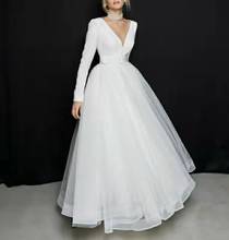 Elegant Tulle A-Line Long Sleeve V-Neck Wedding Dresses with Slit Floor Length Pleated Abendkleider Maxi Bridal Gowns for Women 2024 - buy cheap