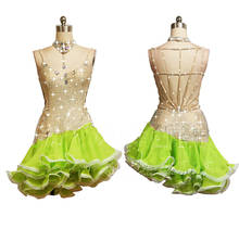 Falda de baile latino con diamantes de imitación brillantes para mujer, vestido de baile latino fluorescente verde con espalda descubierta, ropa de competición para actuaciones 2024 - compra barato