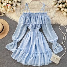 Summer Women Chiffon Dress Female Wave Point Strapless Sling Ruffle Long Sleeve Elasticity High Waist Double Layer Slim Dresses 2024 - buy cheap