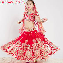 Kids Indian Dance Top Large Swing Skirt Pants Veil Sembroidered 4pcs Set Girls Oriental Belly Dancing Stage Performance Costume 2024 - buy cheap