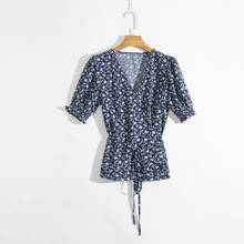 Summer women's shirt casual flower print V-neck short-sleeved slim shirt 2024 - buy cheap