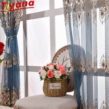 Phoenix Feather Golden Thread Embroidery Tulle Curtain for Living Room High Quality Luxury Blue Window Drapes for Villa HM167#30 2024 - buy cheap