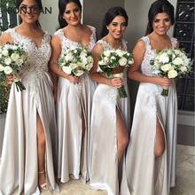 В наличии, Серебряное длинное платье подружки невесты, атласное платье без рукавов с v-образным вырезом и кружевной аппликацией, платье подружки невесты с разрезом спереди и сбоку для свадьбы 2024 - купить недорого