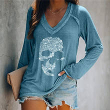 Camisetas informales góticas con calaveras de diamantes de imitación para mujer, camisetas de manga larga con cuello en V para mujer, ropa Y2K, Camisetas estampadas Harajuku para mujer 2024 - compra barato