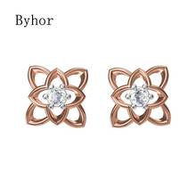 Byhor сплошной 14K белый/желтый + белый/розовое золото + белого золота 0.132ct H/SI Природный шпилька с алмазами серьги для женщин цветок Cерьги, хорошее ювелирное изделие 2024 - купить недорого