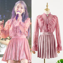 Kpop IU Lee Ji Eun-Conjunto de dos piezas para mujer, camisetas de manga larga con encaje rosa, minifalda de terciopelo, moda de otoño 2024 - compra barato