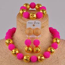 Graciosa fúcsia rosa traje colar conjunto de jóias africano simulado pérola grânulo conjunto casamento nigeriano FZZ31-04 2024 - compre barato