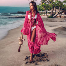 Canwedance-Vestido largo de gasa para mujer, prenda bohemia de color rosa y rojo, con escote en V, con volantes y protector solar 2024 - compra barato