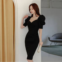 new arrival fashion korean spring midi party dress women OL temperament sexy v-neck vintage puff sleeve slim beach holiday dress 2024 - buy cheap