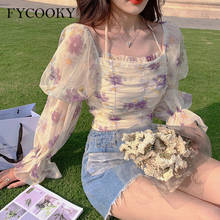 Elegant Floral Mesh Shirts Women Summer Sweet Chiffon Blouse Female 2021 New Korean Chic Casual Puff Sleeve Outdoor Slim Tops 2024 - buy cheap