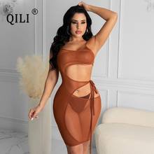 QILI Sexy See Through Mesh Dress Bandage Hollow Out Sleeveless Two Piece Sets Dress Night Club Dresses Plus Size 2024 - buy cheap