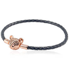 16-44cm 925 Sterling Silver Bracelet Black Leather With Rose Lioness Clasp Bracelets Bangle Fit Europe Bead Charm Diy Jewelry 2024 - buy cheap