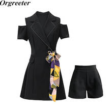 Suit Jacket Dress Two piece set Women Summer 2021 New Elegant Ladies Notched collar Strapless Sashes Bow Blazer and Shorts Sets 2024 - buy cheap