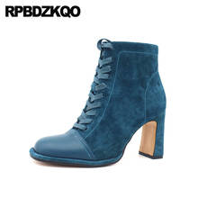 Side Zip Boots High Heel Women Chunky Suede Winter Shoes Vintage Blue Booties Square Toe Lace Up Size 4 Ankle Genuine Leather 2024 - buy cheap