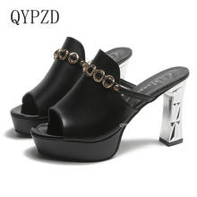 QYPZD-zapatillas con suela de cuero para mujer, zuecos sexys de tacón alto, sandalias sin cordones, color negro 2024 - compra barato