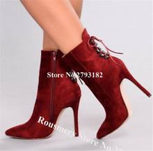 Mulher elegante moda apontou toe vinho vermelho stiletto calcanhar curto gladiador botas de volta laço-up salto alto tornozelo botas vestido saltos 2024 - compre barato