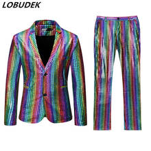 Bar Nightclub Male Singer Magician Stage Sequin Suits Rainbow Gold Silver Laser Plaid Stripes Blazers Pants 2-Pieces Set Costume 2024 - buy cheap