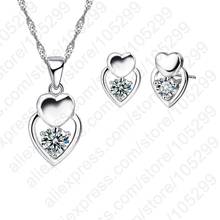 Модные ювелирные изделия с двойным сердцем CZ набор из стерлингового серебра 925 пробы ожерелье и серьги-гвоздики наборы для женщин 2024 - купить недорого