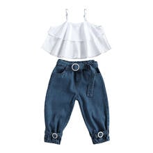 2-6Years Toddler Girls Sweet Summer Clothes Sets  Spaghetti Straps Layered Ruffle Tank Tops and Denim Long Pants with Belt 2024 - buy cheap