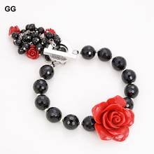 GuaiGuai Jewelry Natural Stone Black Round Faceted Onyx Red Flower Bracelet 2024 - buy cheap