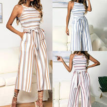 Tank Top Jumpsuit Wide Leg Elegant Long Stripe Jumpsuit Women Bandage Elastic Waist Gathered Jumpsuit For Party Night Round Neck 2024 - buy cheap