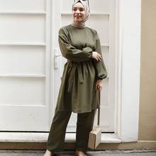 Wepbel Muslim Long Sleeve Top + Pants Arabian Women's Suit Two Piece Outfits Dubai Turkish Robe Solid Color Muslim Clothing 2024 - buy cheap