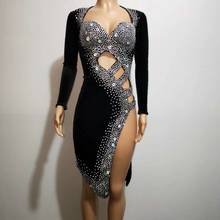 Sexy pedras de prata preto vestido de dança latina roupa de palco wear sparkly strass traje aniversário baile mostrar estiramento jazz vestido 2024 - compre barato