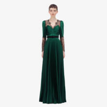 2019 Autumn new arrive elegant dark green pleated long dress slash neck full sleeve women party dress high quality 2024 - buy cheap