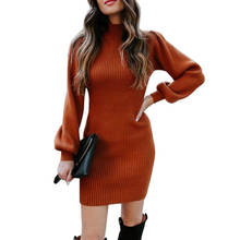 Women Turtleneck Lantern Sleeve Elegant Pullover Mini Dress Solid Slim Casual Knitted Dress 2020 Winter New Office Lady Dress 2024 - buy cheap