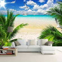 Custom 3D Beach Poster Photo Wallpaper Blue Sky White Clouds Coconut Tree Seascape Wall Painting Living Room Sofa Bedroom Mural 2024 - buy cheap