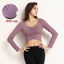 Women fitness crop top long sleeve sports with cup padded women gym Clothes Fitness t-shirt workout gym running basic body tees 2024 - buy cheap