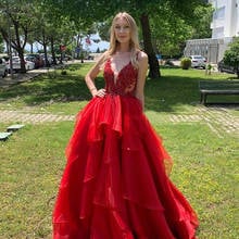 Sexy Spaghetti Straps Red Evening Dresses Appliques Deep V Neck Ruffles Skirt Organza A Line Long Party Gowns Robe De Soiree 2024 - buy cheap