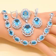 XUTAAYI Sky Blue Crystal  Sterling Silver Bridal Jewelry Sets For Women Necklace Pendant Bracelets Earrings Rings Gift Box 2024 - compre barato