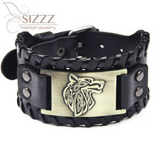 SIZZZ-pulsera de cuero con cabeza de Lobo para hombre, brazalete ancho de aleación, nuevo tejido, 2019 2024 - compra barato