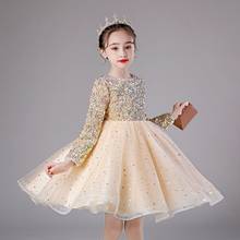 Elegant Golden Tulle Sequin Flower Girl Ceremony Long Sleeve Pageant Princess Dress for Party Wedding Girl First Communion Gown 2024 - buy cheap