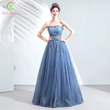 SSYFashion Novo Banquete Lantejoulas Brilhante Vestido de Noite Azul Simples Strapless do Assoalho-comprimento Vestidos de Festa Formal Vestido De Noche 2024 - compre barato