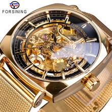 Forsining Golden Square Men's Mechanical Watch Ultra Thin Analog Royal Skeleton Stainless Steel Mesh Strap Dress Automatic Clock 2024 - buy cheap