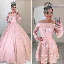 2022 Unique Lace Tulle Off-the-shoulder Neckline 2 In 1 Wedding Dresses Long Sleeves Mariage Detachable Skirt Pink Bridal Dress 2024 - buy cheap