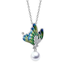 Cadena de eslabones de plata 925 para mujer, collar con colgante de perlas, abalorios de mariposa, pintura al óleo, joyería de plata 2024 - compra barato