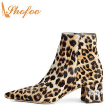 Leopard Print Ankle Boots Med Chunky Heels Crystal Flock Woman Pointed Toe Booties Large Size 12 15 Ladies Fashion Shoes Shofoo 2024 - buy cheap