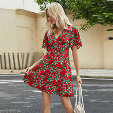 Vestido corto informal de verano para mujer, minivestido Sexy con estampado de flores rojas, manga corta, cintura ajustada, para playa 2024 - compra barato