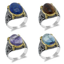 Mens Ring with Lapis/Tiger eye/Fluorite Stone 925 Sterling Silver Multi-color Gemstone with Black CZ Rings Vintage  Fine Jewelry 2024 - buy cheap