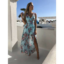 Платье женское шифоновое с V-образным вырезом и разрезом, длинное вечернее розовое Элегантное повседневное пляжные платья макси с цветочным принтом на бретелях-спагетти, на лето 2024 - купить недорого
